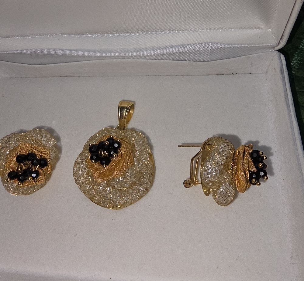 Gold & Black Floral Mesh Pendant and Earrings Set